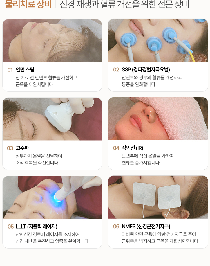 신경 재생과 혈류 개선을 위한 전문 장비. 안면 스팀, SSP(경피경혈자극요법), 고주파, 적외선(IR), LLLT(저출력 레이저), NMES(신경근전기자극)