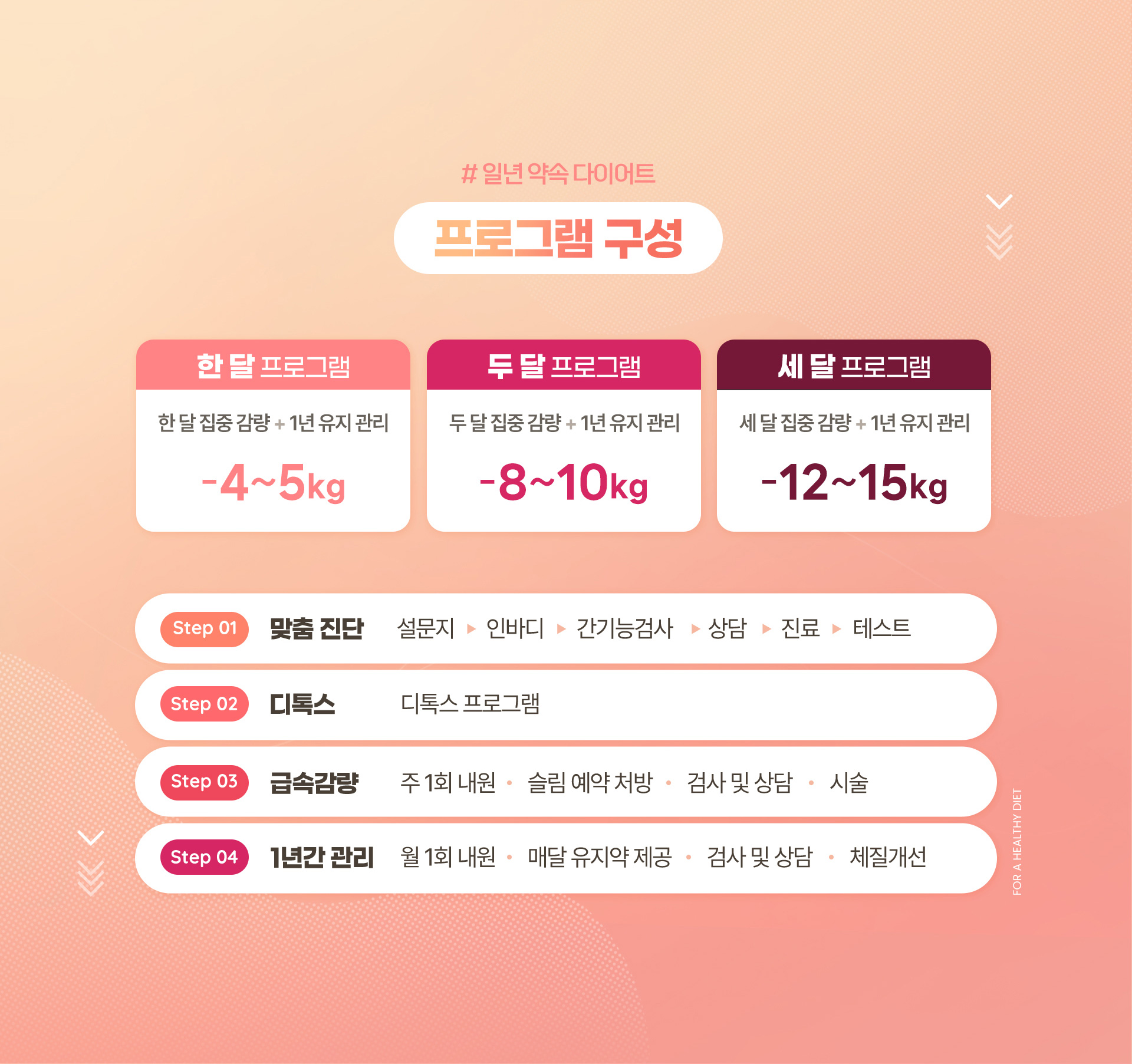 프로그램 구성, 맞춤 진단, 디톡스, 급속감량, 1년간 관리