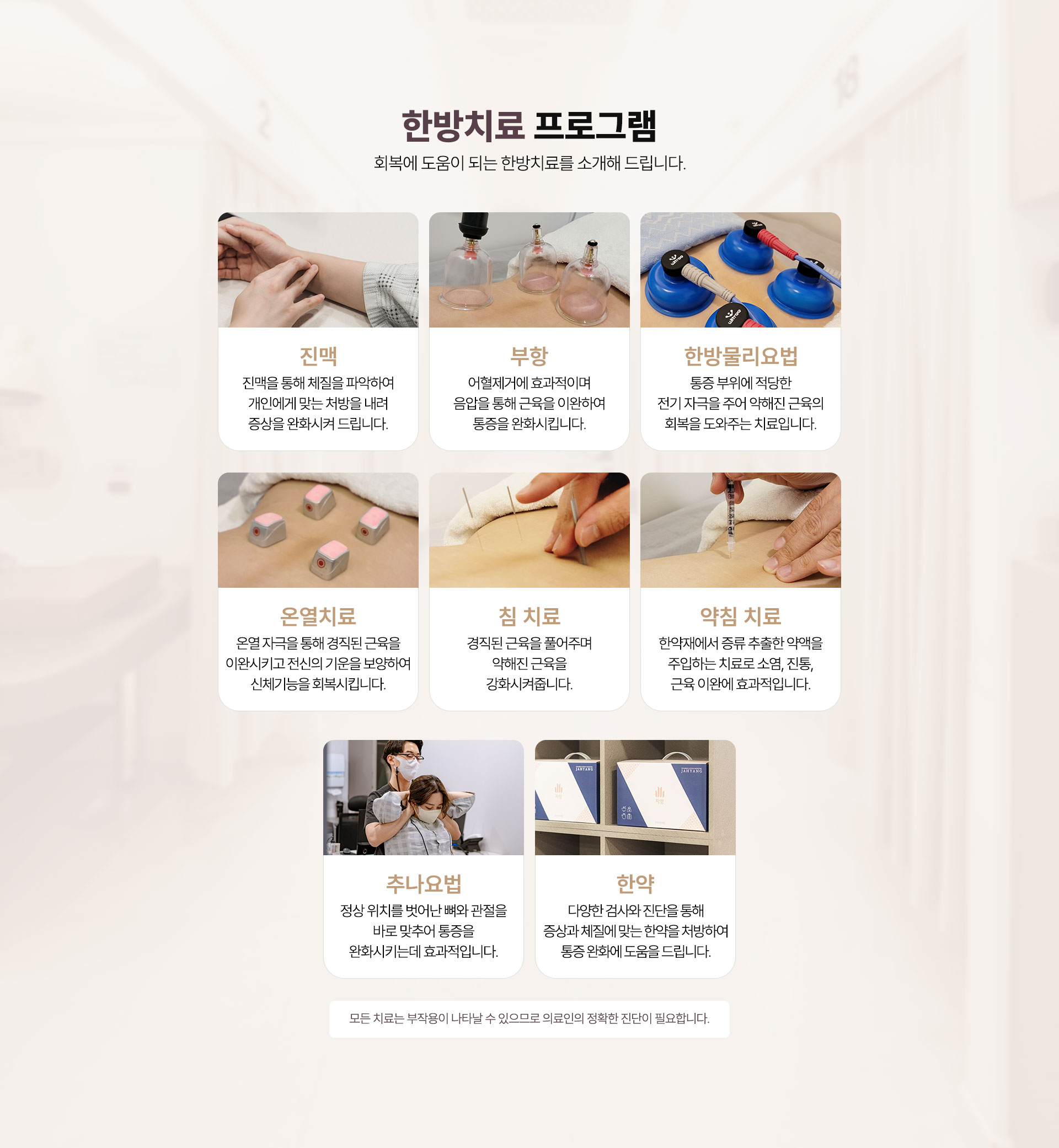 한방치료 프로그램 운영, 진맥, 부항, 한방물리요법, 온열치료, 침 치료, 약침 치료, 추나요법, 한약