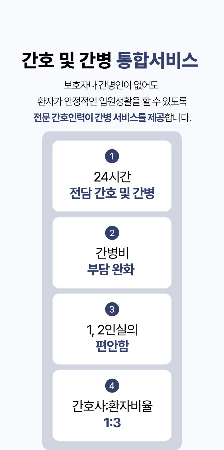 보호자나 간병인이 없어도 환자가 안정적인 입원생활을 할 수 있도록 전문 간호인력이 간병 서비스를 제공합니다.
