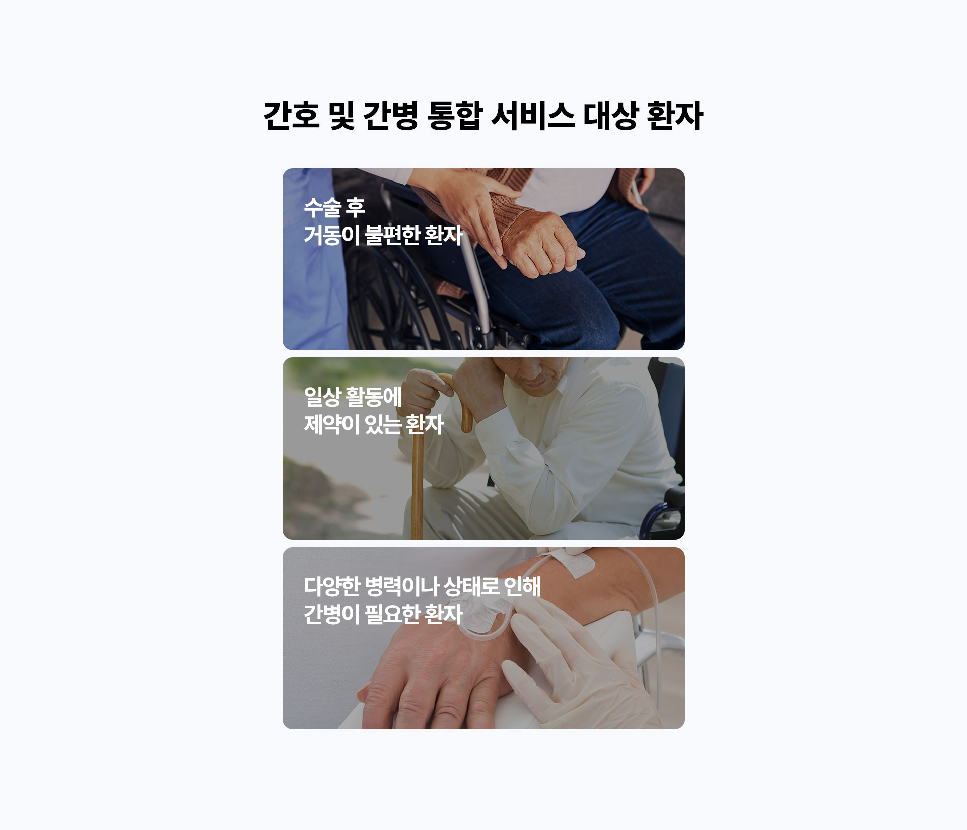 서비스 대상 환자, 수술 후 거동이 불편한 환자, 일상 활동에 제약이 있는 환자, 다양한 병력이나 상태로 인해 간병이 필요한 환자
