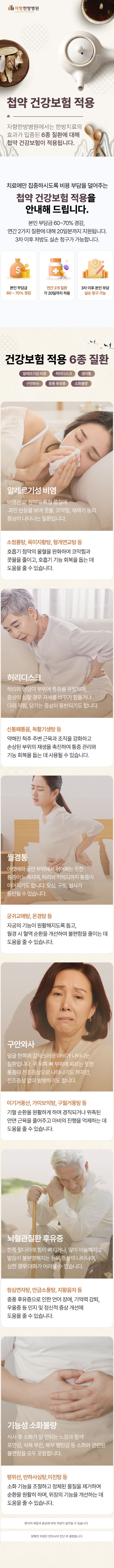 자향한방병원에서는 한방치료의 효과가 입증된 6종 질환에 대해 첩약 건강보험이 적용됩니다. 건강보험 적용 6종 질환, 알레르기성 비염, 허리디스크, 생리통, 구안와사, 중풍 후유증, 소화불량