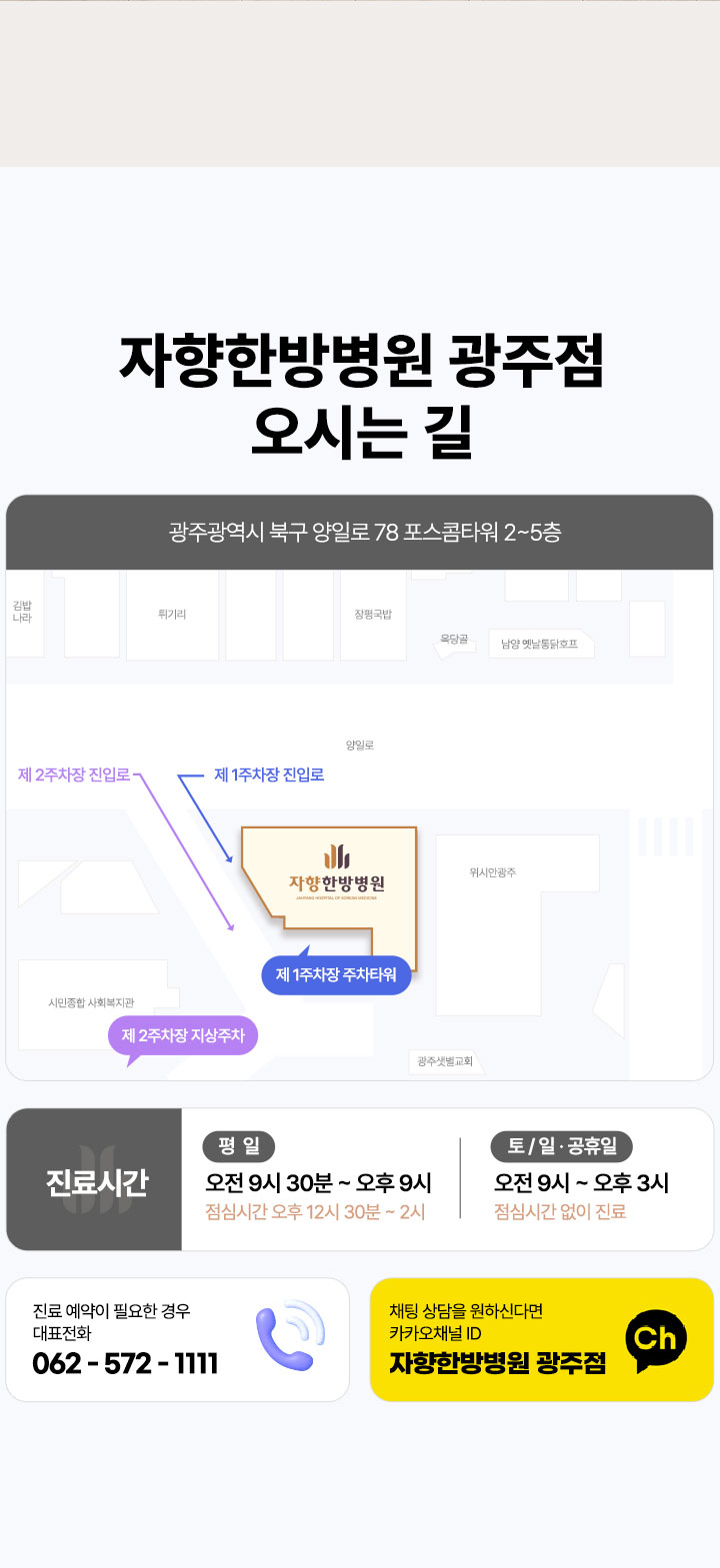광주 자향한방병원 오시는 길, 광주광역시 북구 양일로 78 포스콤타워 2층~5층 ,진료시간 평일 오전 9시 30분~오후 9시 (점심시간 오후 12시 30분~오후 2시), 토요일 일요일 공휴일 오전 9시~오후 3시 (점심시간 없이 진료), 진료 예약이 필요한 경우 대표전화 062-572-1111, 채팅 상담을 원하신다면 카카오채널 자향한방병원 광주점 검색