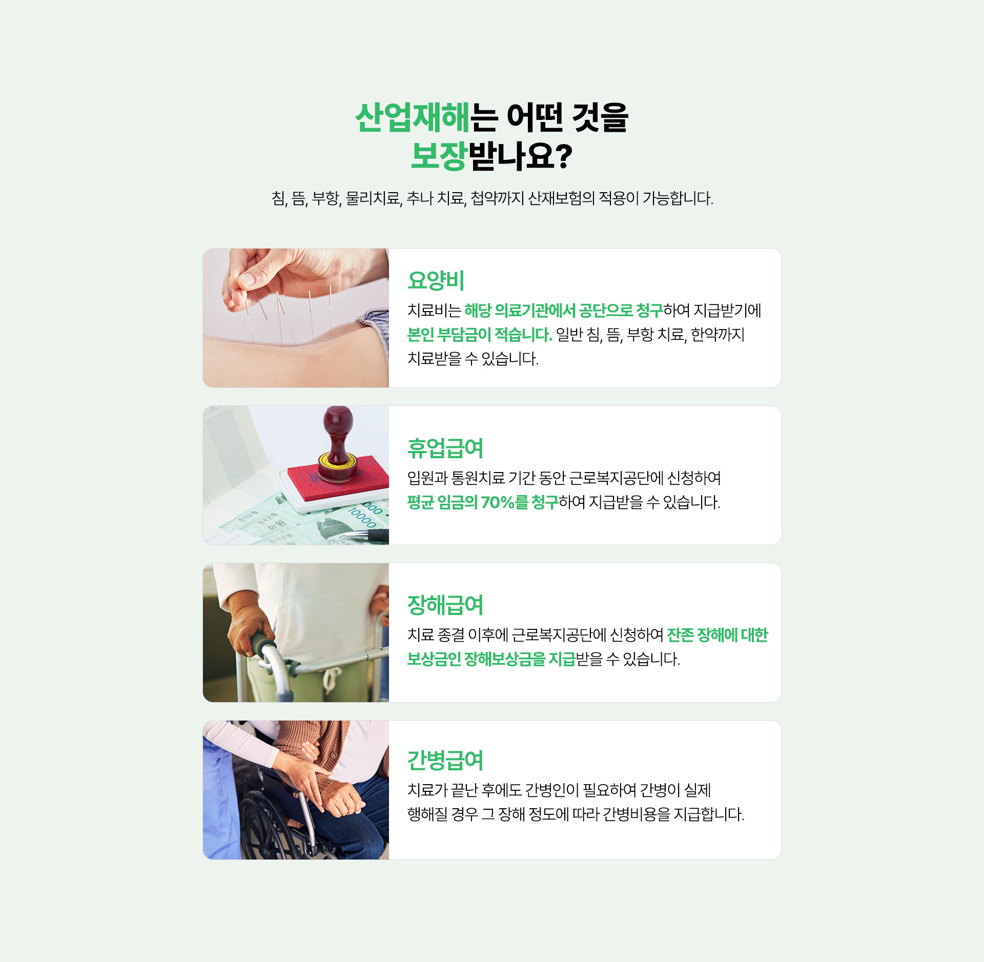 산업재해 보장 범위, 요양비, 휴업급여, 장해급여, 간병급여