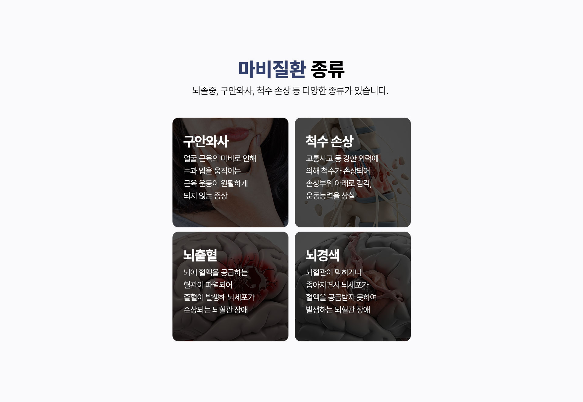 마비질환 종류, 구안와사, 척수 손상, 뇌출혈, 뇌경색
