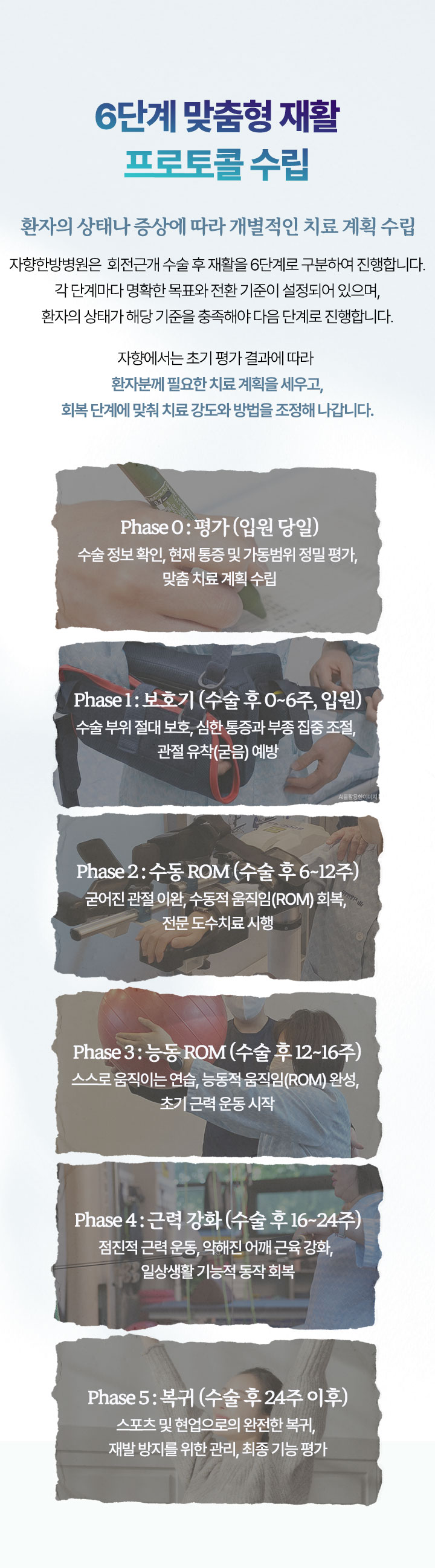 환자의 상태나 증상에 따라 개별적인 치료 계획을 수립하고 회복 단계에 맞춰 치료 강도와 방법을 조정해 나갑니다. 단계별 재활 운동. 봉합 부위 보호, 강직 예방, 가동범위 회복, 유착(굳음) 방, 스스로 움직이기 시작, 점진적 근력 회복, 일상/운동 복귀