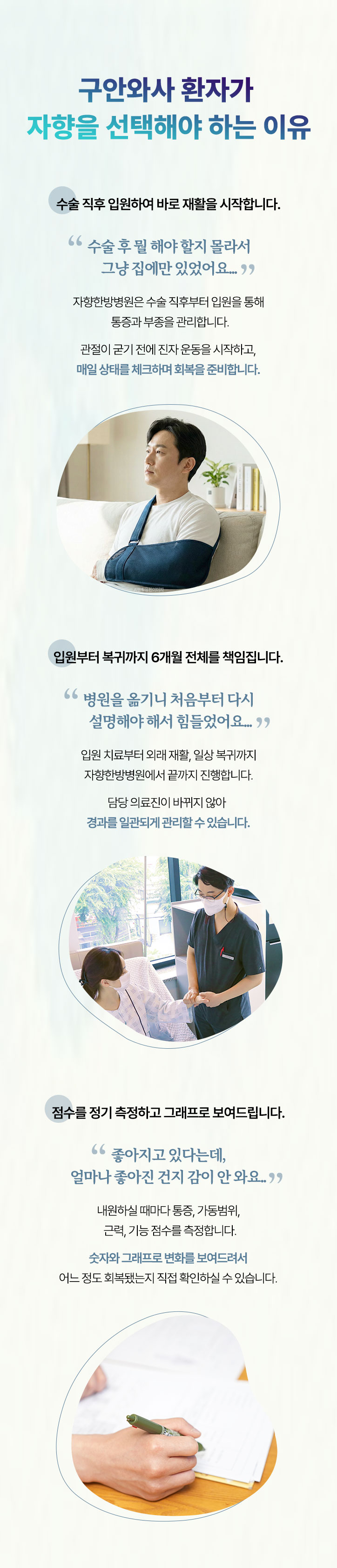 회전근개 재활 환자가 자향을 선택해야 하는 이유. 수술 직후 입원하여 바로 재활을 시작합니다. 입원부터 복귀까지 6개월 전체를 책임집니다. 점수를 정기 측정하고 그래프로 보여드립니다.