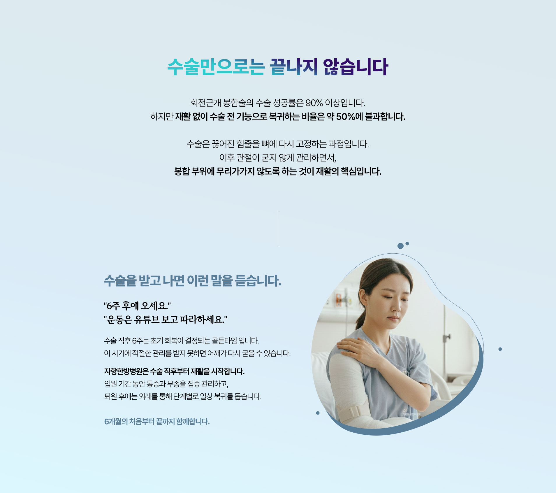 수술만으로는 끝나지 않습니다. 회전근개 봉합술의 수술 성공률은 90% 이상입니다. 하지만 재활 없이 수술 전 기능으로 복귀하는 비율은 약 50%에 불과합니다.