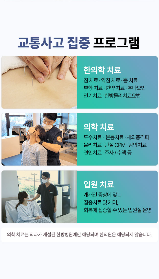 교통사고 집중 프로그램 운영, 한의학 치료, 의학 치료, 입원 치료